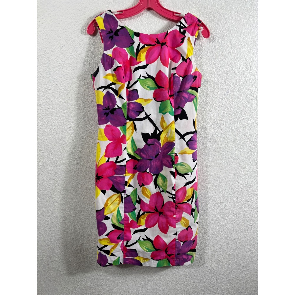 Melissa Harper Floral Sheath Dress Pink Purple Yellow Bow Back Cutout Vintage S
